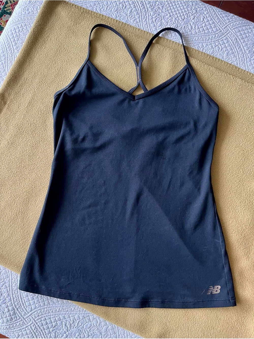 New Balance Black Cross-Back Athletic Camisole with yellow detail